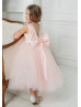 Pink Satin Tulle Beaded Tea Length Flower Girl Dress